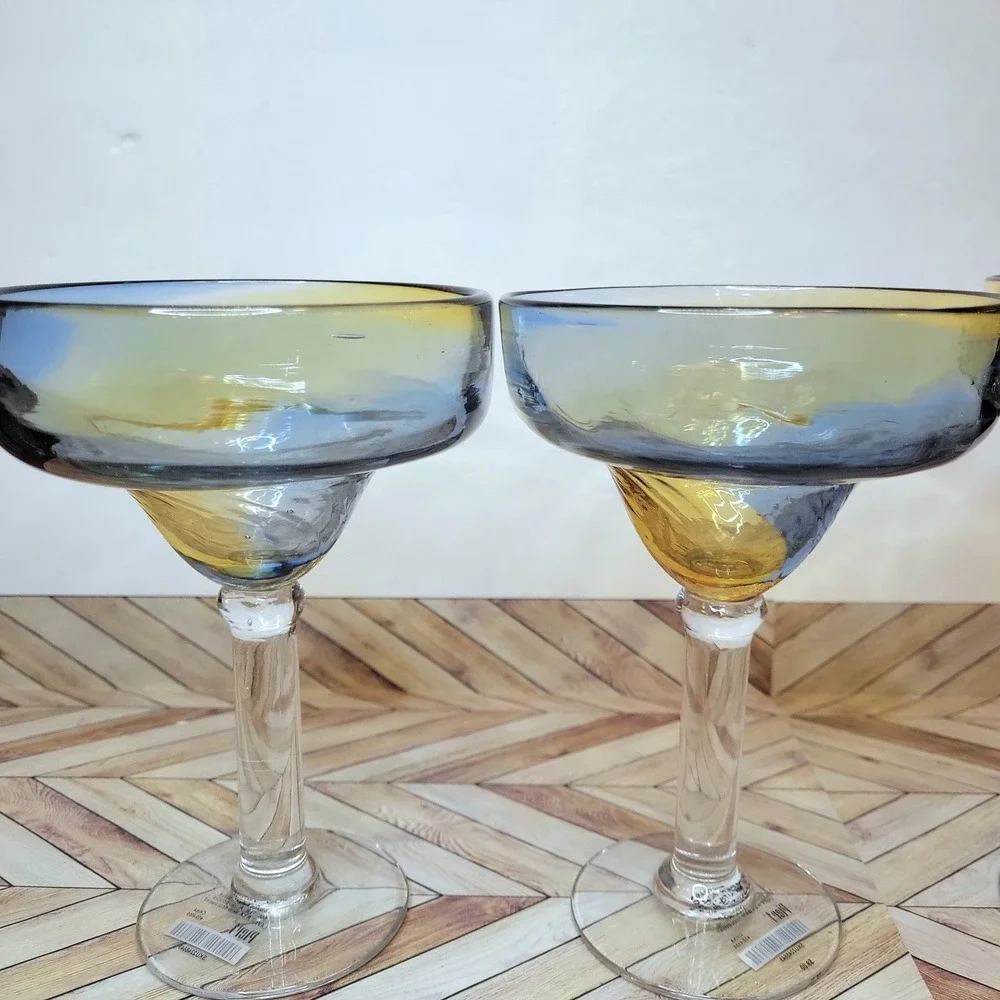 VTG Pier 1 Margarita Glasses Set Of 4 Ombré Amber Blue Swirl Barware Mouth Blown